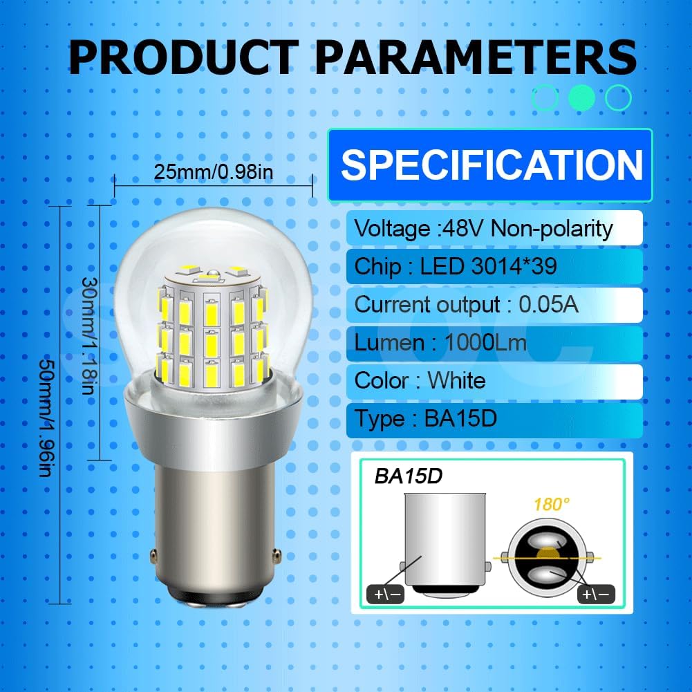 SOFOC BA15D Lampadina LED 48V DC Bianco Luce Retromarcia DRL 1000Lm 39SMD 2Pcs