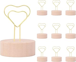 Oubest Gold Table Number Holders & Place Card Holders with Heart-shaped Metal Wire and Wooden Base - 10 PCS Picture Photo Sign Stands for Table, Centerpieces, Wedding, Party, Birthday Decor, Gold