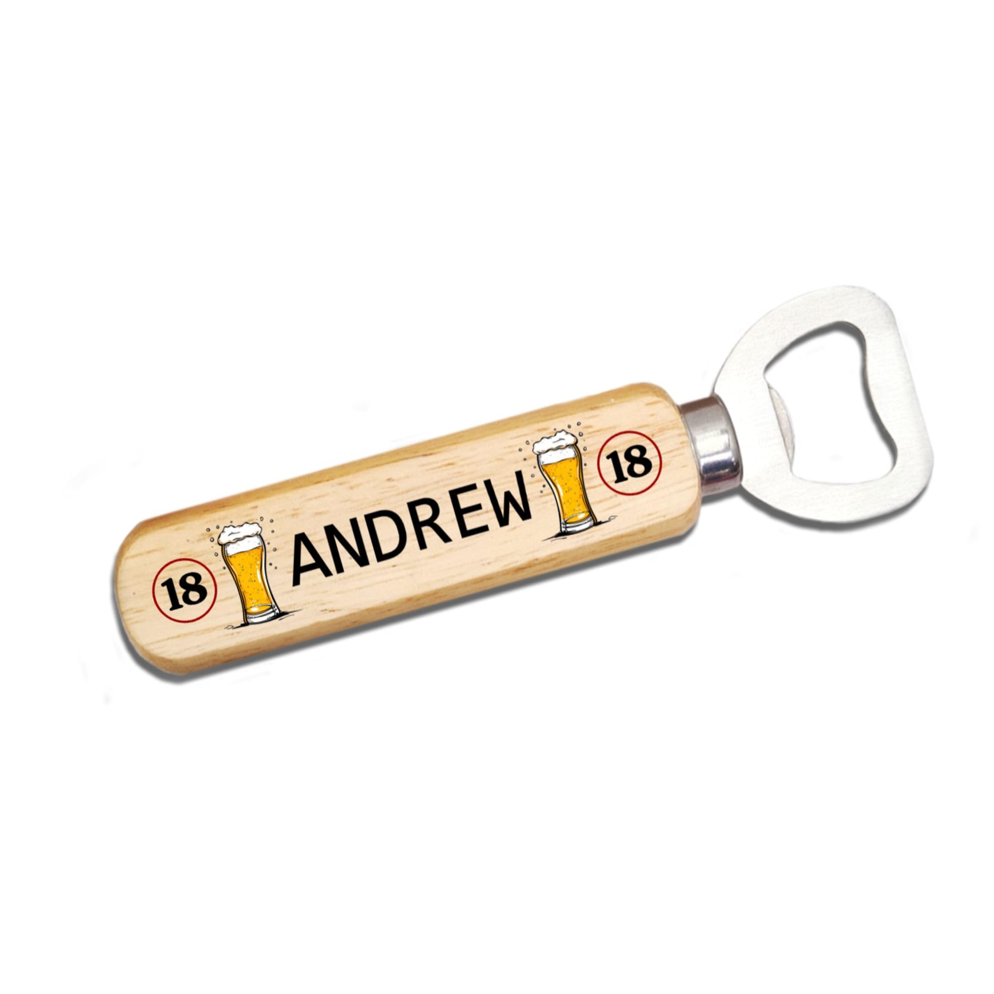 Handmade Personalised Wooden Bottle Opener – 18th Birthday – Custom Printed Beer Opener with Age & Beer Mug Design – Rustic Wood Handle & Stainless Steel – Fun Beer Gift for 18th Birthday