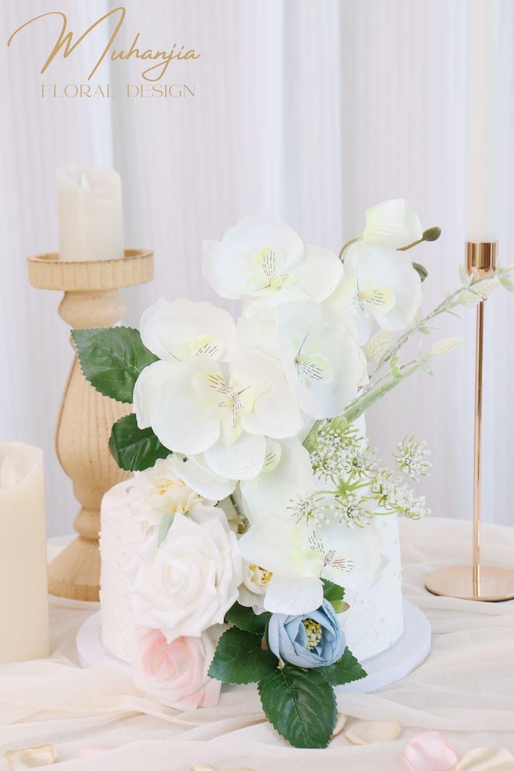Muhanjia Vintage Style Artificial Flowers and Greenery Combo Box Set, Fake Flower for DIY Wedding Bridal Bouquet, Centerpieces Decor, Floral Arrangement Decor, etc. (White phalaenopsis)