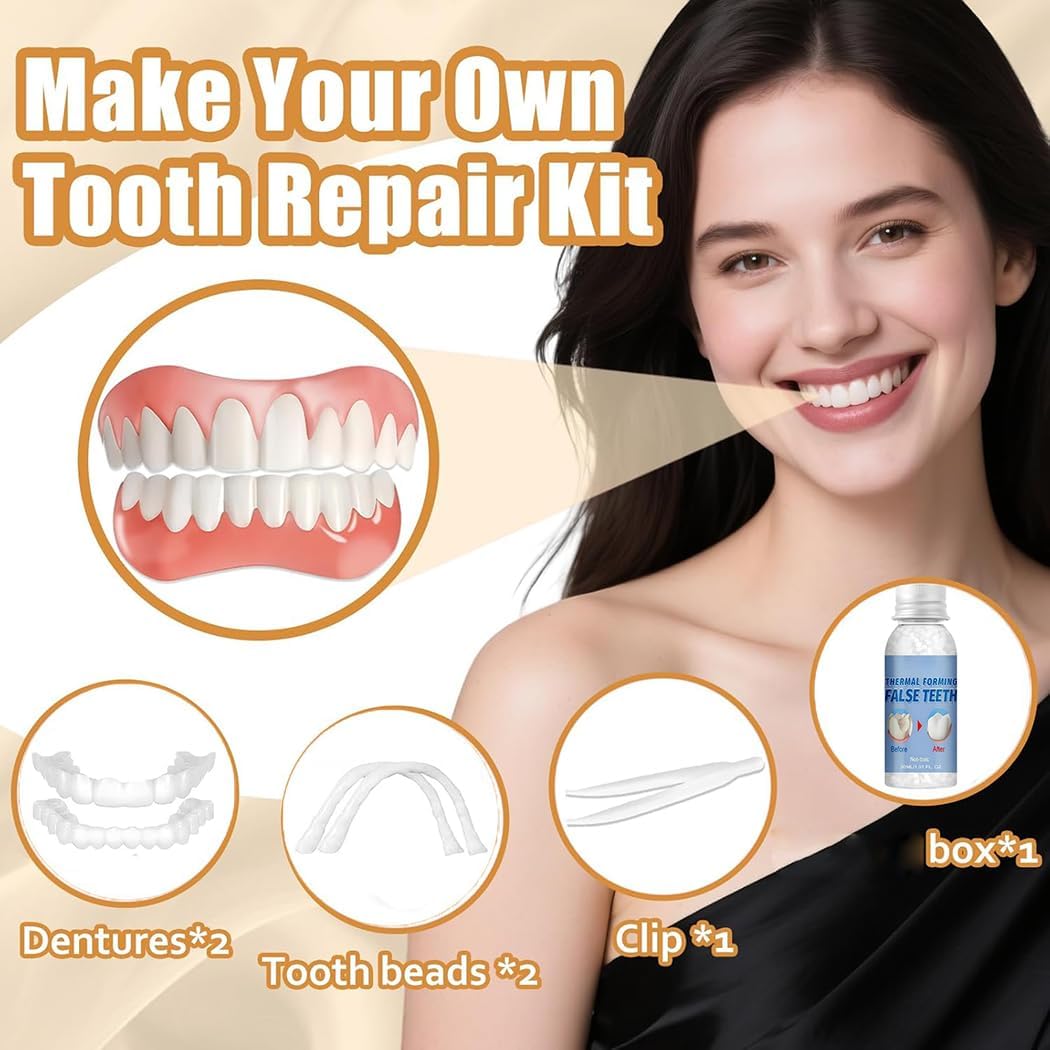Adjustable Moldable False Teeth, DIY Tooth Replacement Kit, Temporary Veneers Dentures for Women and Men, Upper and Lower Silicone Denture Set, Fix Your Smile in Minutes