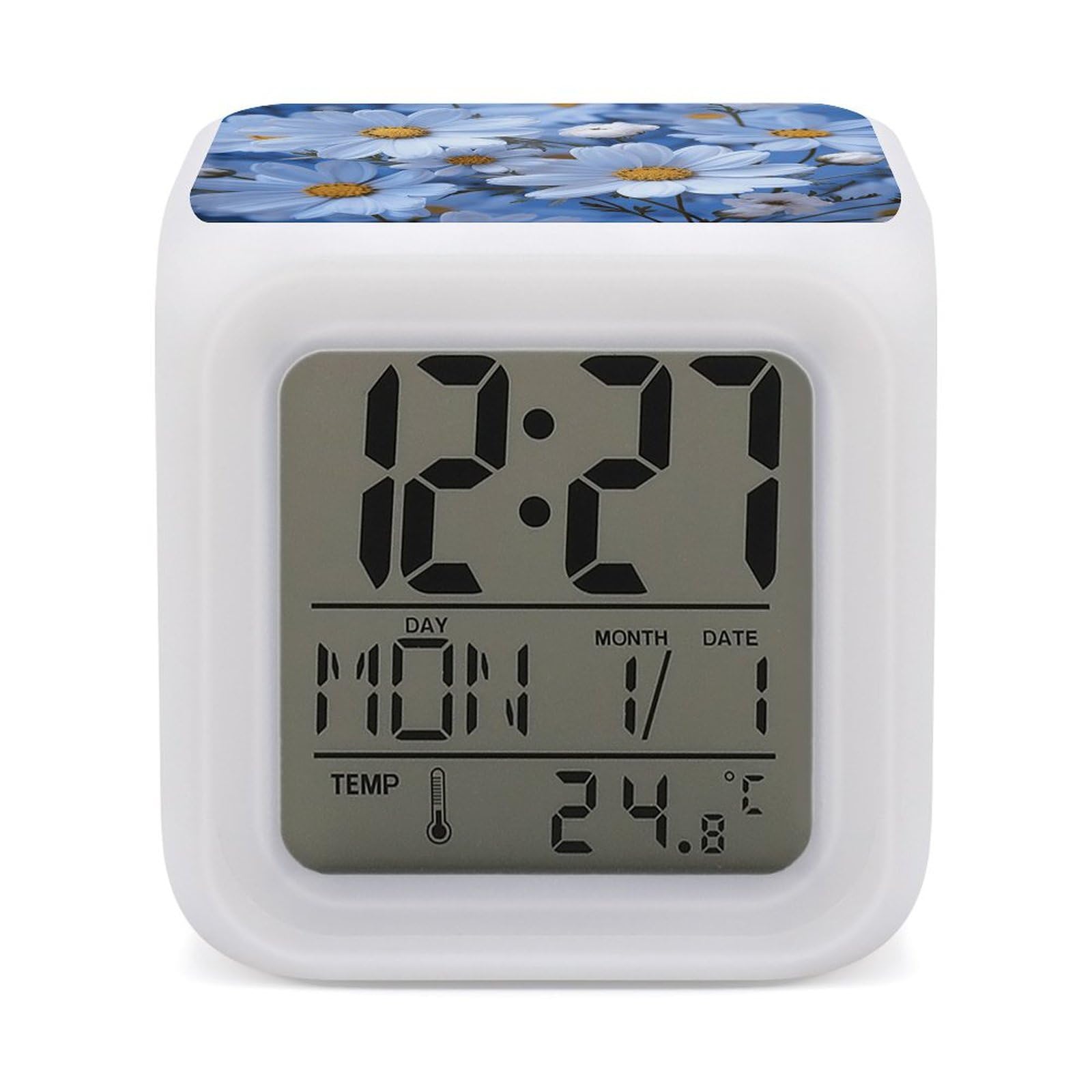 JTREHY 7 Color Changing LED Digital Alarm Clock,Daisy Blue Printed Wake-up Clock with Temperature Display Home Decoration Alarm Clock for Bedroom Office