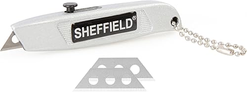 Sheffield 12245 Mini cuchillo utilitario retráctil  Mini boxcutter, cuerpo de metal, estilo clásico, viene con una cadena que le permite engancharse