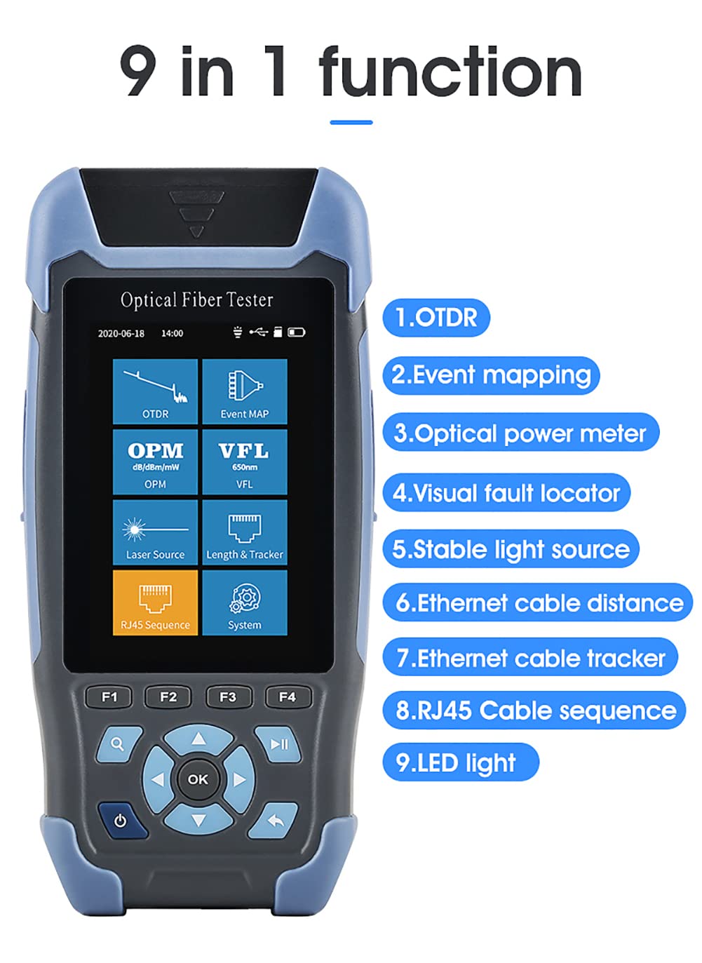 Reflectómetro de Fibra óptica OTDR, Reflector de dominio de Tiempo óptico OTDR de Fibra, Detector de obstáculos con 9 Funciones VFL OLS OPM, 22/24dB