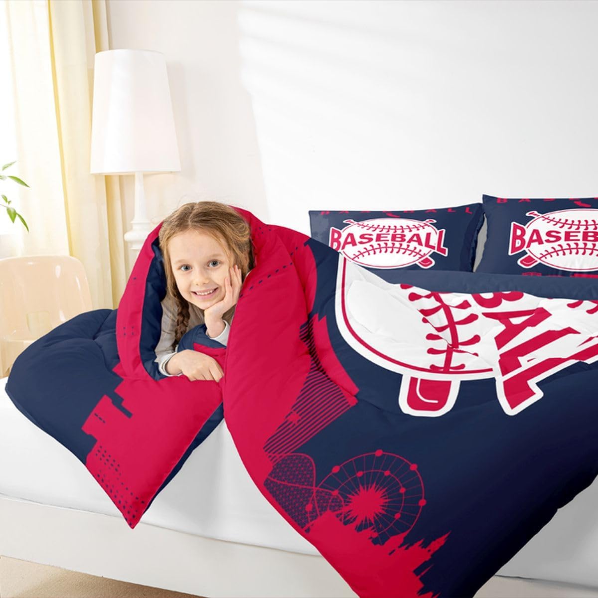 Erosebridal Baseball Queen Comforter Set for Boys, Baseball City Bedding Set Sports Games Quilt for Kids Teens Adult Bedroom Decor, American City Silhouette Down Comforter,Navy Blue Red
