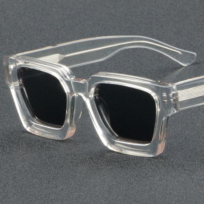 Image of Retro Fashion Thick Acetate Polarized Sunglasses Trendy Square Men Womens Black Grey Shades Vintage