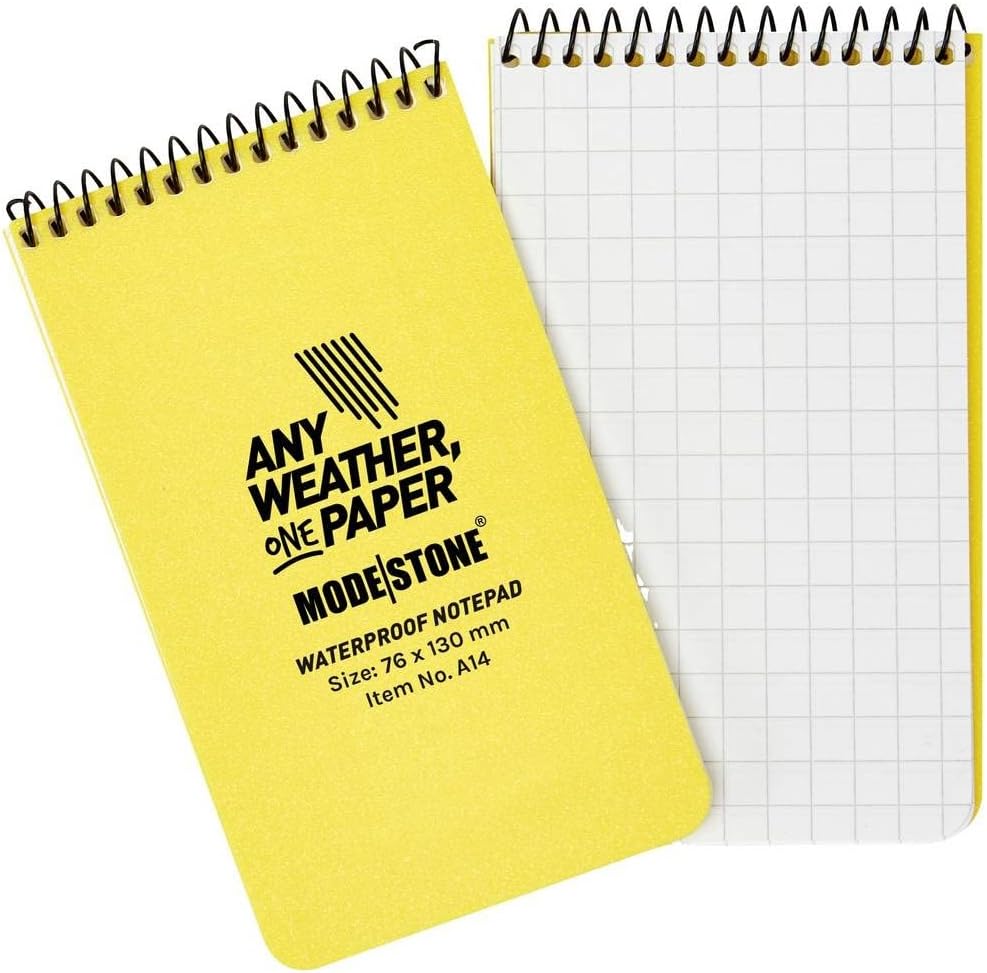 MODESTONE Outdoor Notepad 7.6 x 13 cm Bound Cover Spiral Bound Top 50 Sheets Checked 7 x 7 mm Waterproof Tear-Resistant Fireproof