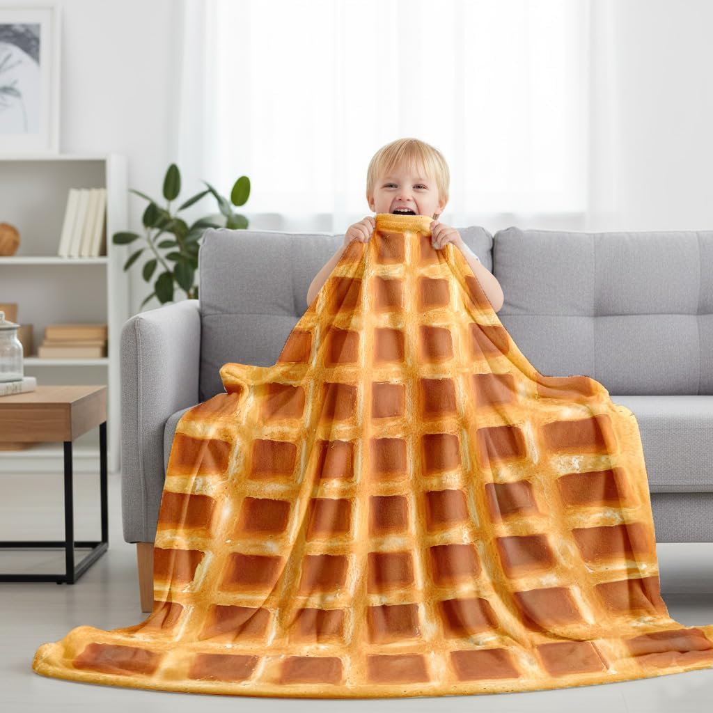 Realistic Waffle Throw Blanket, Super Soft Warm Flannel Fleece Nap Food Blankets for Couch Dorm Sofa Room, Funny Gag Gifts for Teenage Boys and Girls, 50×60 inch