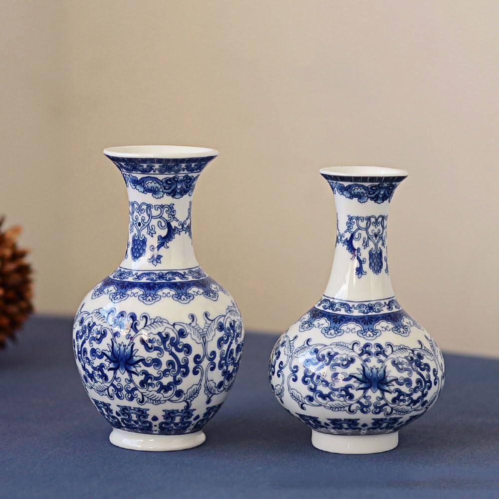 asdchZen Set Of 2 Small Blue & White Porcelain Vases, Chinoiserie Vase For Flowers Glaze Porcelain Vases Set Of 2, Jingdezhen Retro Classic Ceramic Flower Vases For Home Décor