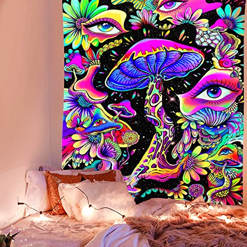 Manicer Blacklight Mushroom Tapestry, Floral Eyes Tapestry Uv Reactive Neon Tapestries Posters Glow In The Dark Party Backdrop For Bedroom Dorm Living Room - 51.2" X 59.1" #TOP2