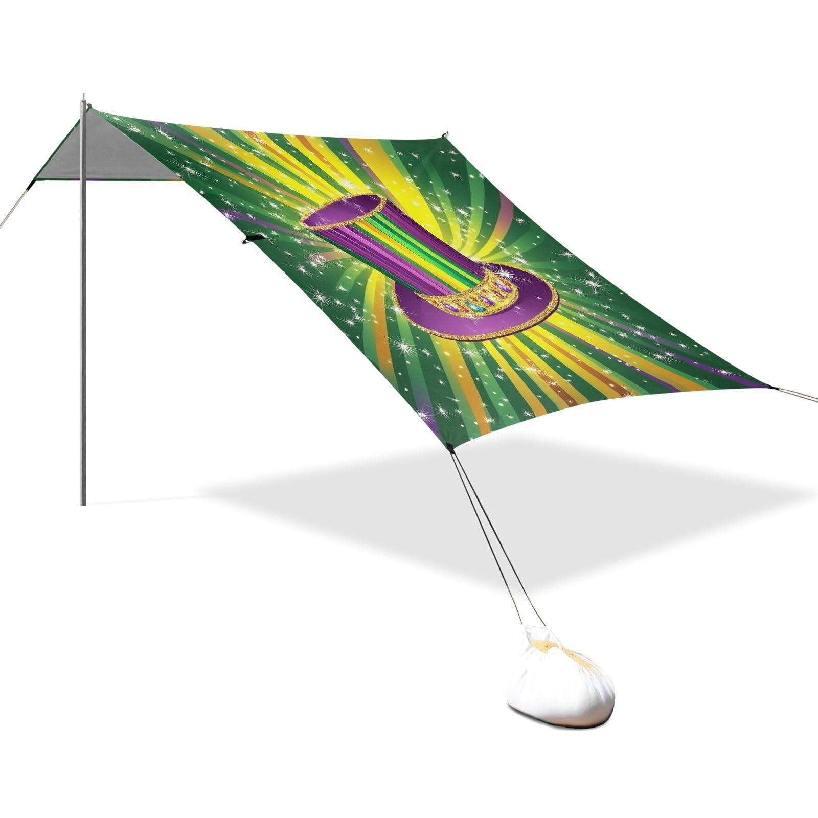 Mardi Gras Carnival Hats Hats Jewel Foldable Beach Cabana UPF50+ Protection Lightweight Portable Sunshade with Sandbags, Sand Shovel, Poles for Family Trips, Picnics & Camping