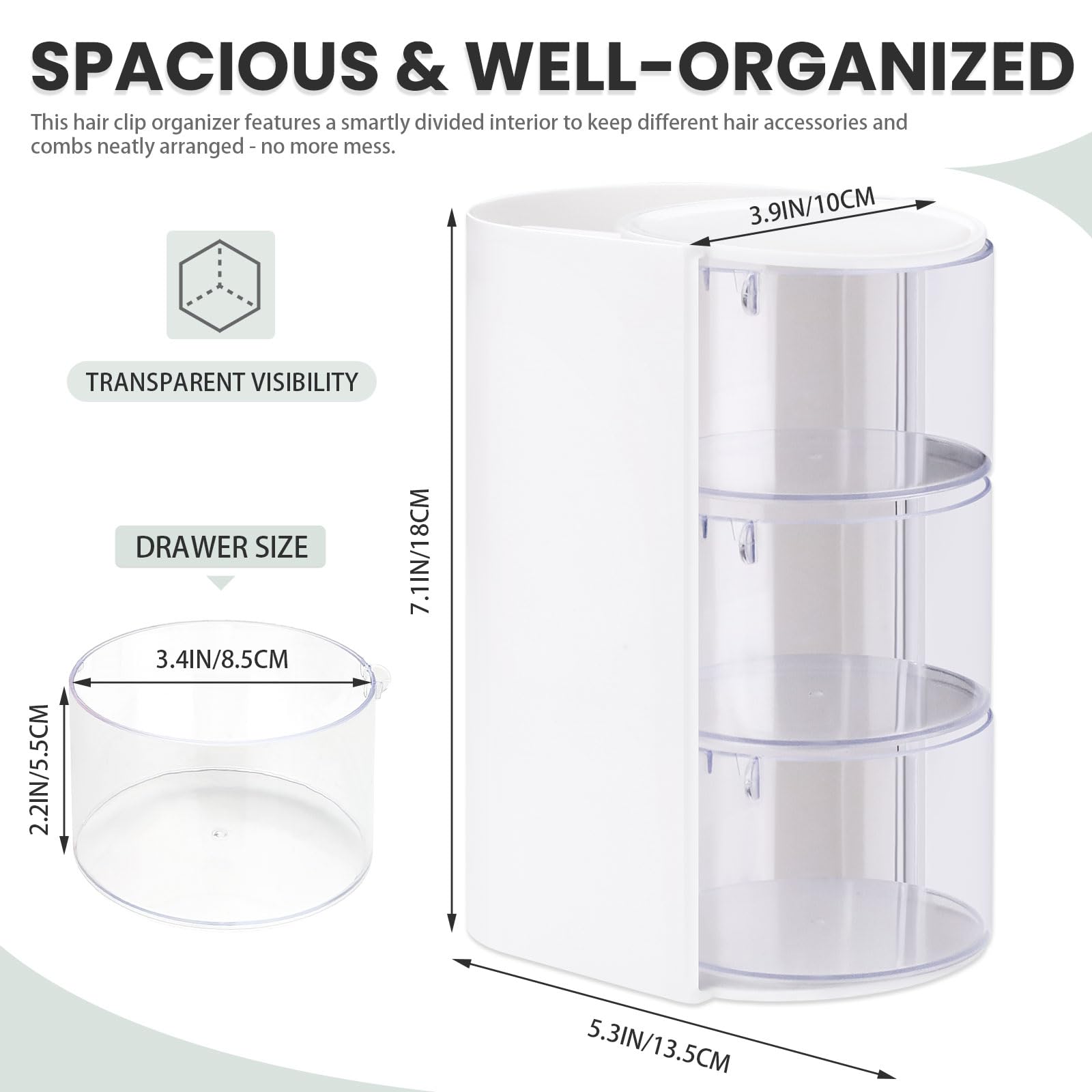 Modixun 2 Pack Hair Accessories Organizer with Hair Brush Holder, 3-Tier Clear Rotatable Drawer Makeup Sponge Holder - Image 2