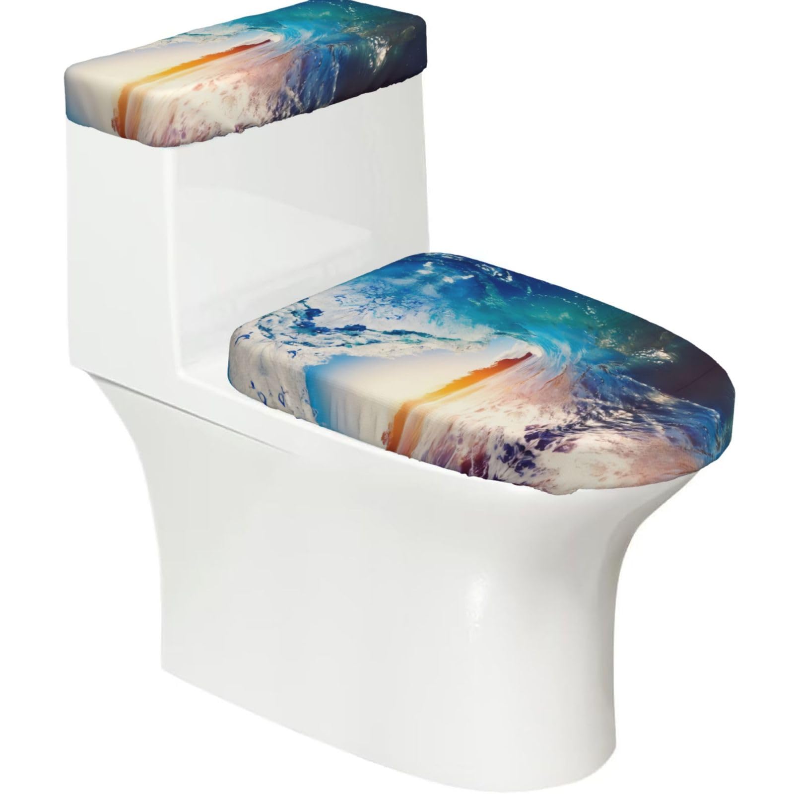 Wzycwb Black Sunset Sea Surfing Seascape 2-Piece Toilet Seat Cover Set With Tank Lid, Elastic Fit For U-Shape & Elongated Toilets, Bathroom Decor, Housewarming Gift
