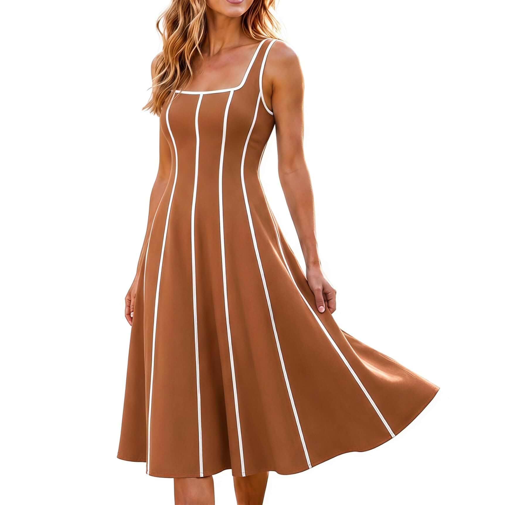 SUNSTORY Women's Sleeveless Striped Dress: A-Line Swing Midi Beach Dress Square Neckline, Smocked Back Waist, Beach Vacation Wear, Casual Summer Style, Flowy Skirt, Tank Straps, 2026