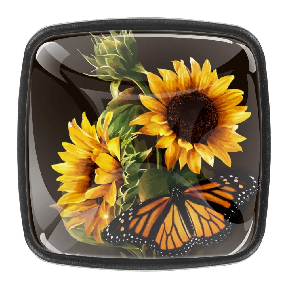 NEWzone Square Cabinet Knobs Sunflower and Butterfly Kitchen Furniture Cabinet Hardware Dresser Drawer Handle Cupboard Door Knob Pulls, 1-1/5