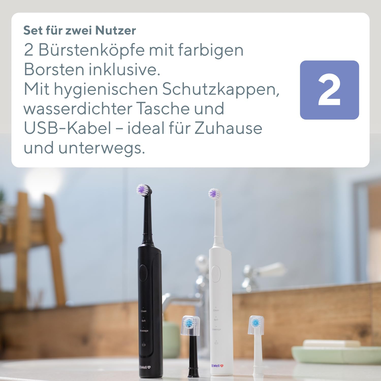 B.Well PRO-800 Rotierende Zahnbürste | 3 Modi & 35 Tage Akku | Schweizer Qualitätsstandards: 3 Modi, 2-Minuten-Timer mit 30-Sek-Intervall, Induktionsladen & 2 farbige Bürstenköpfe.