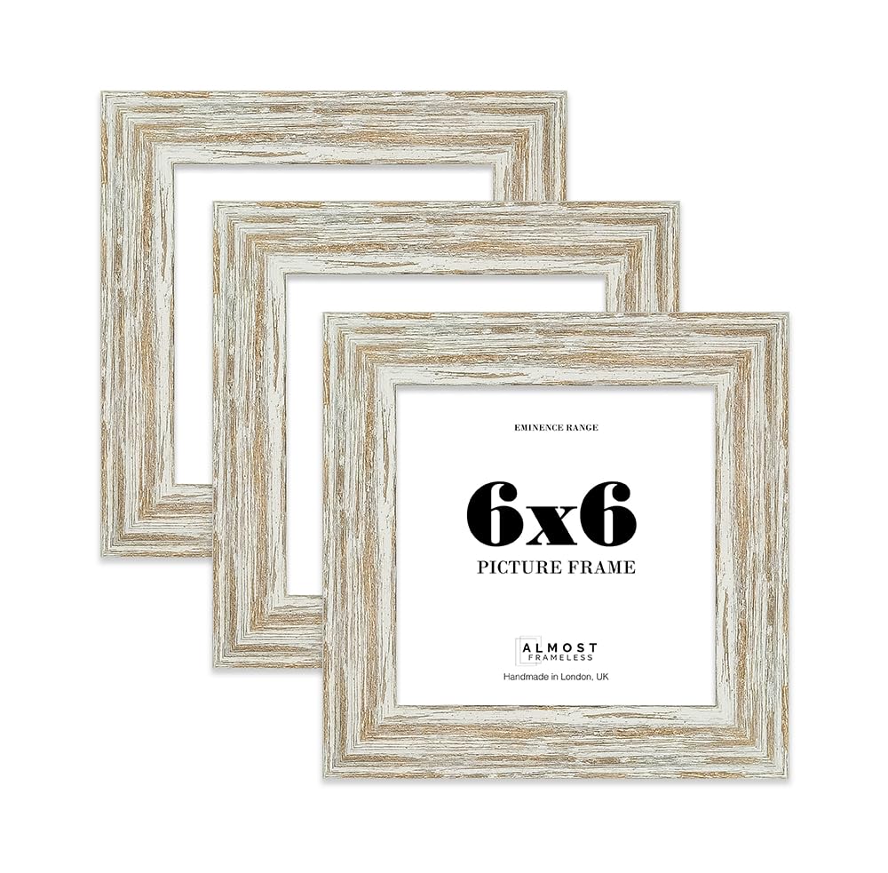 6x6" Distressed White Oak Picture Frame - Rustic Wood Industrial Effect Photo Frame for Wall Display, Ideal for Posters, Prints & Home Décor, Wall Hooks and Kickstand, 32mm Edge - 3 Pack