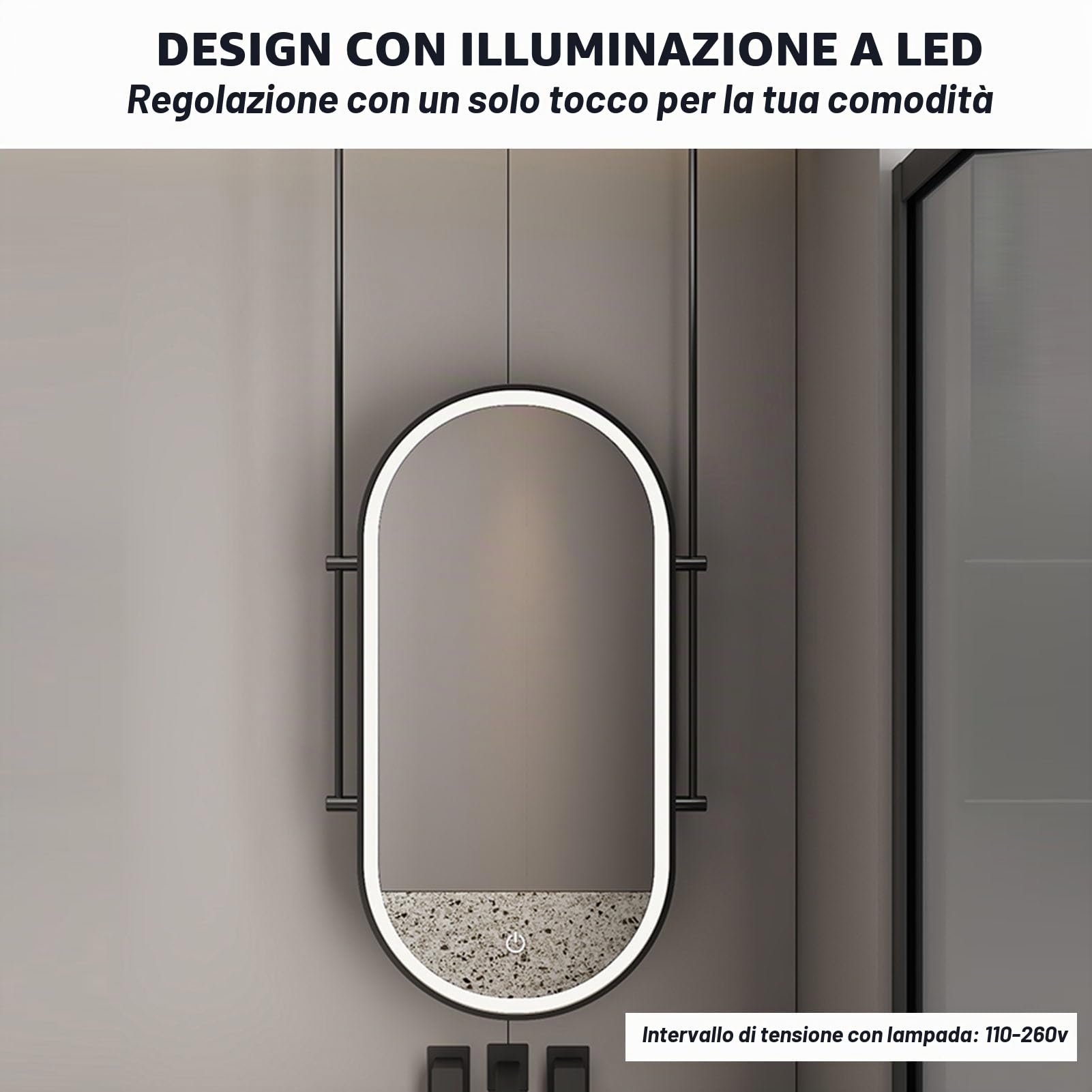 Specchio da soffitto con Luce LED, Specchio Ovale in Metallo Galleggiante, Illuminazione Regolabile in 3 Colori, Adatto per Ingresso, Guardaroba e Decorazione della casa (Nero, 60x110 cm)