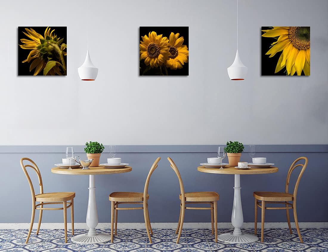Shy Sunflower Wall Art Canvas Sunflower Decor Black and Yellow Pictures on Wall Art for Home Office Decorations Living Room Bedroom and Kitchen Decor 3 Pcs Framed Canvas Prints 12X12inches