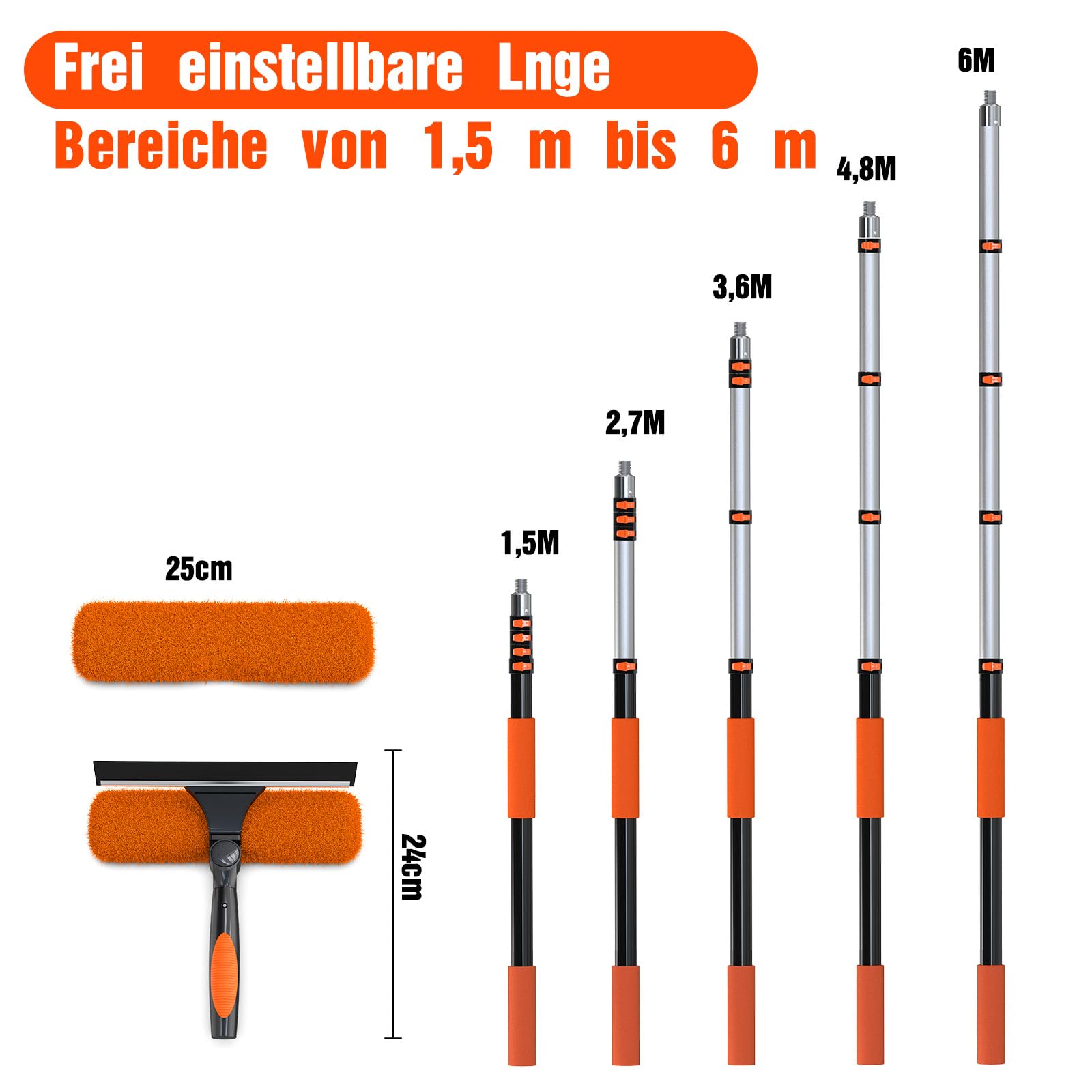 LAANPOLE 6m Fensterputzer Teleskop, 2-in-1 Fensterabzieher für die Fensterreinigung, Fensterwischer mit Teleskopstiel ür den Außen- und Innenbereich