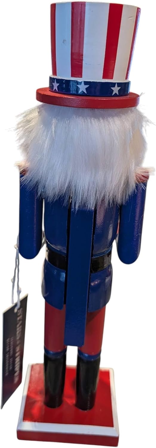 Wooden Painted Nutcracker, Red White and Blue Stars and Stripes Soldier Drummer, 4th of July Theme, 14 x 3 Inches