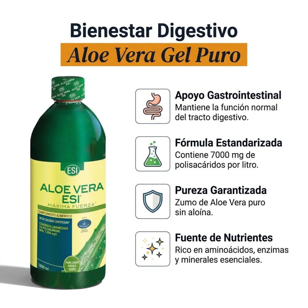 ESI Aloe Vera Gel Puro - Zumo sin aloína, natural con de polisacáridos - Sin gluten, sin lactosa, sin OGM - Apto para veganos - Botella PET con tapón dosificador