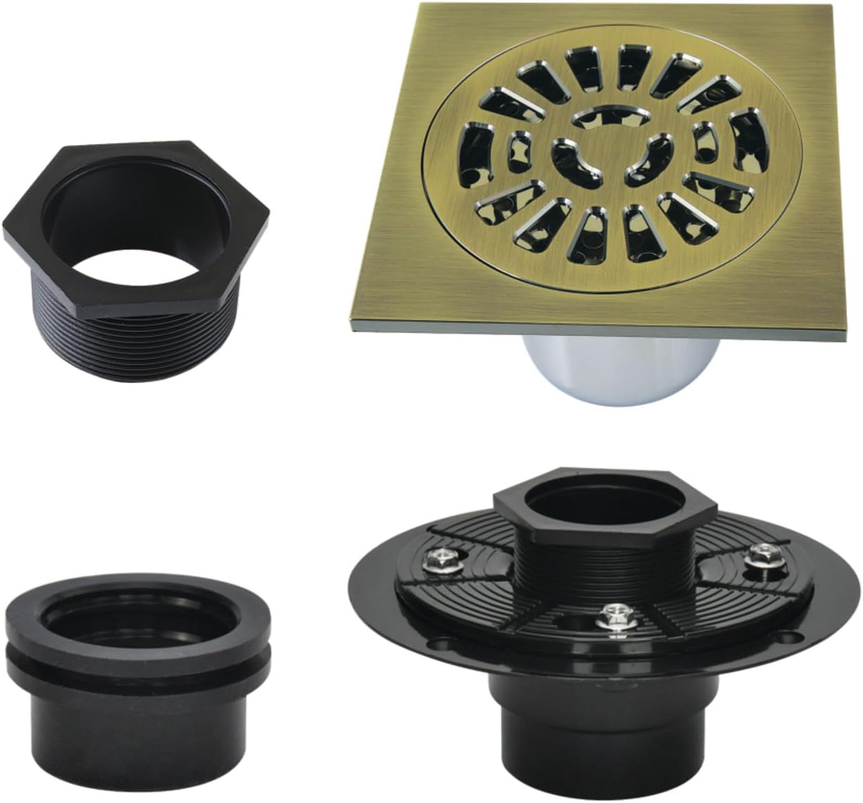 Kingston Brass BSFK4267AB Watercourse 4" Square Brass Shower Drain, Antique Brass