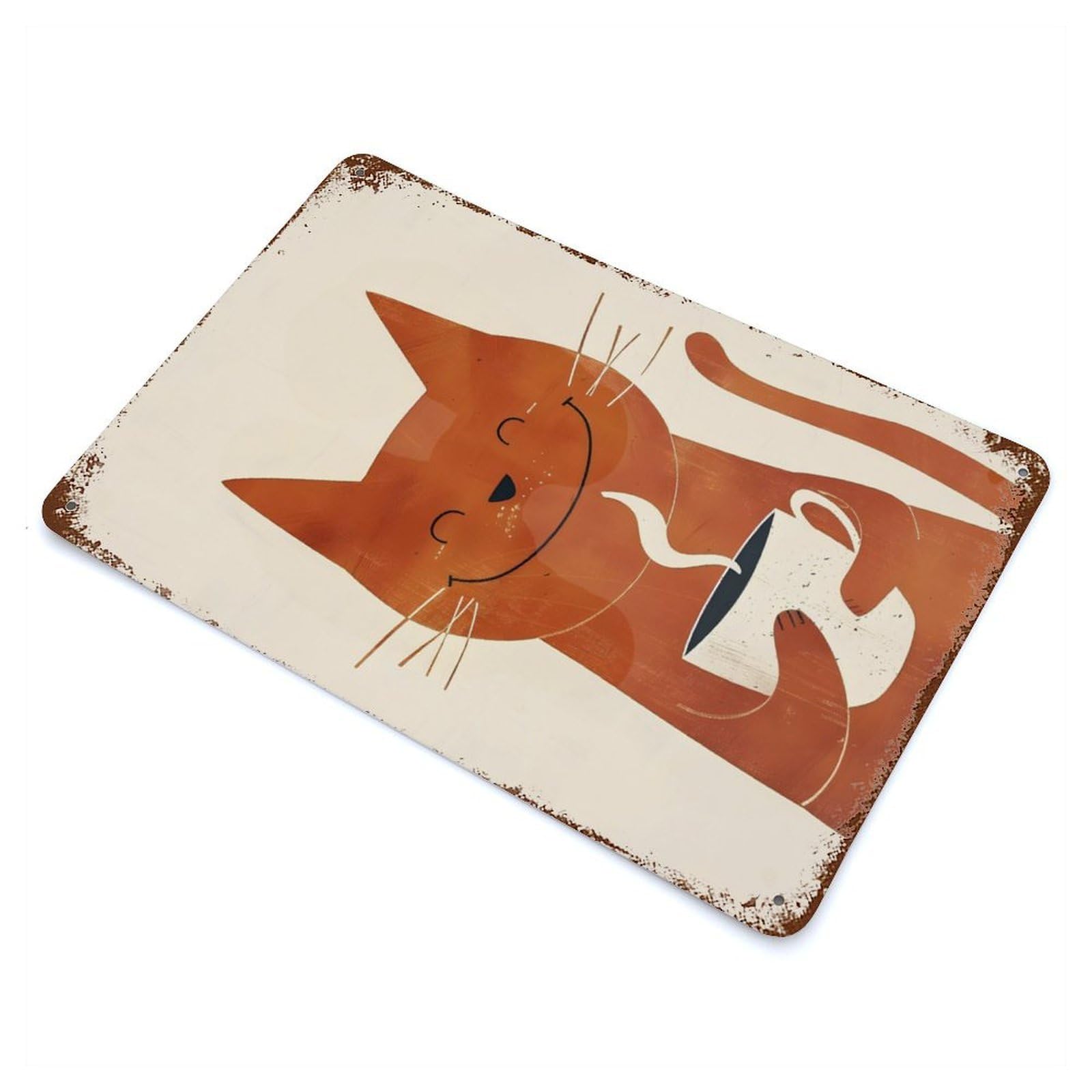Smiling Cat with Coffee Aged Metal Wall Plaque 11.8"x7.9", for Living Room, Hallway And Home Decor, Shabby Chic Decor