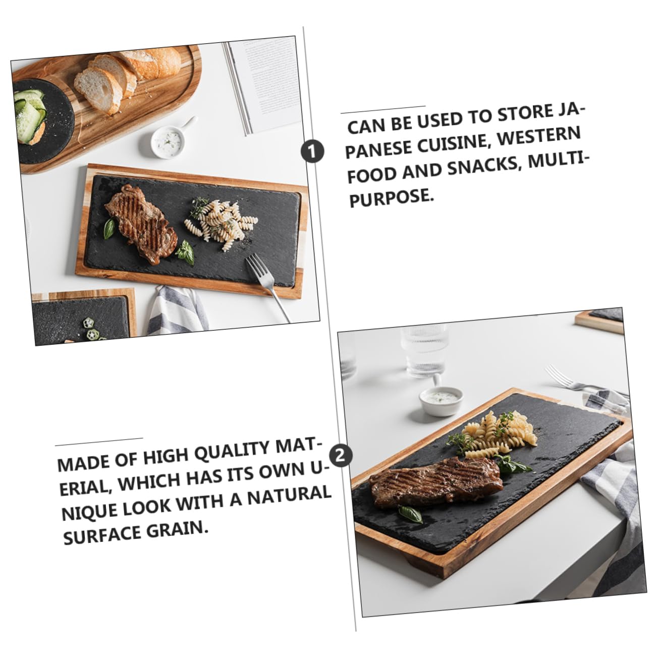 Mikinona Plateau Robuste Cuisine Japonaise en Bois Massif Noir Ardoise Naturelle Plateau Repas et Rangement Pratique pour Apéritifs et Snacks