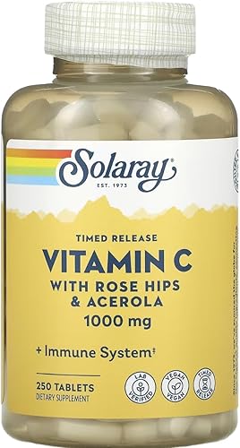 SOLARAY Vitamina C 500 mg con rosa mosqueta, acerola y bioflavonoides, liberación prolongada, apoyo saludable del sistema inmunológico, 250 cápsulas