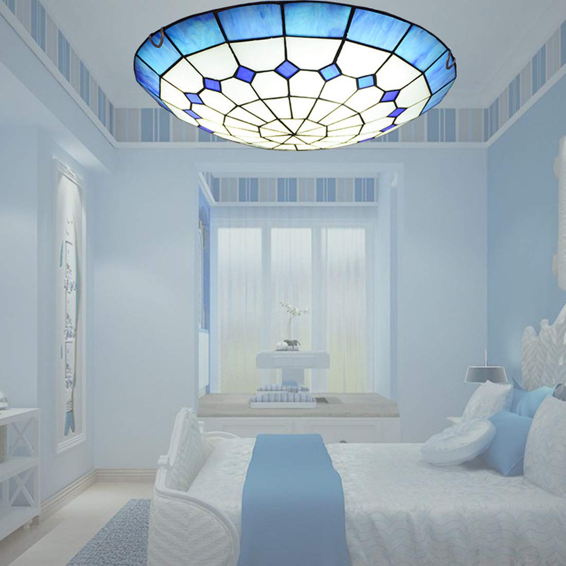 Plafón de estilo Tiffany, manchado pasillo de cristal redonda de techo luz rasante del montaje, la iluminación azul del Mediterráneo decoración del techo para el dormitorio sala de estar,40cm