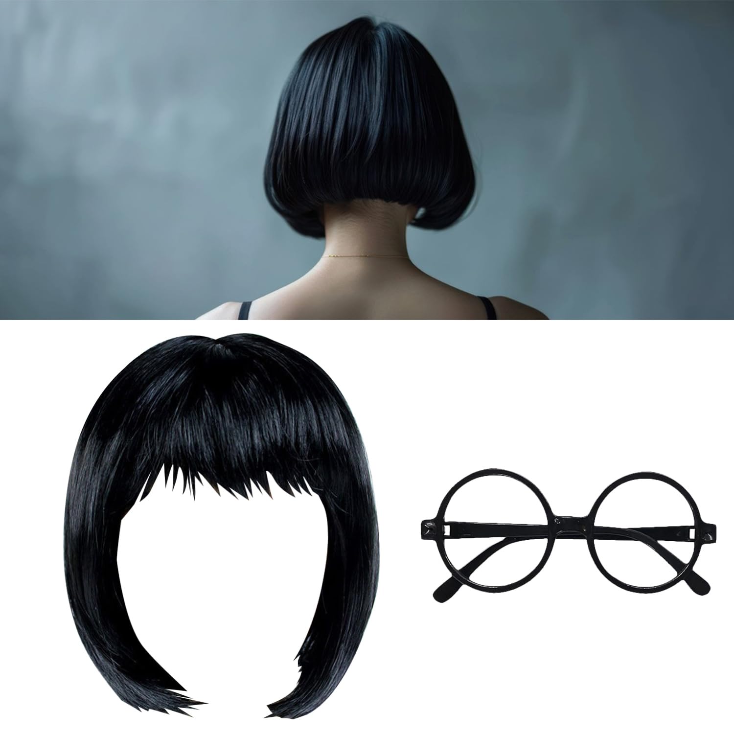 MEISH 2pcs Fashion Designer Accessory Set Black Round Glasses Black Short Bob Wig Cosplay Costume Wig Halloween Costume Night Club Wig for Film Character - Image 2