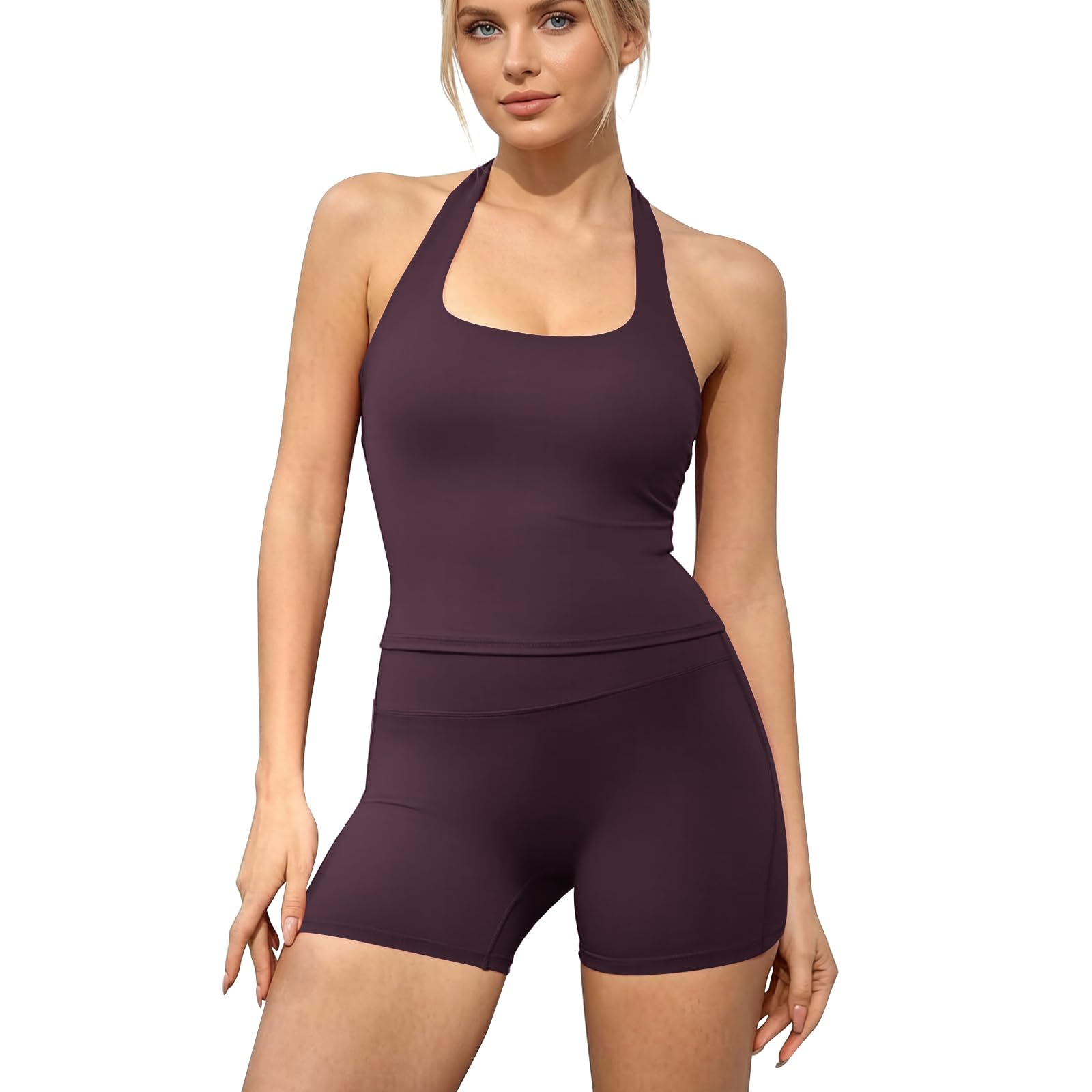 Set da allenamento da donna, 2 pezzi, senza cuciture, con longline e schiena scoperta, crop top, scrunch, culotte, pantaloncini, tuta da yoga