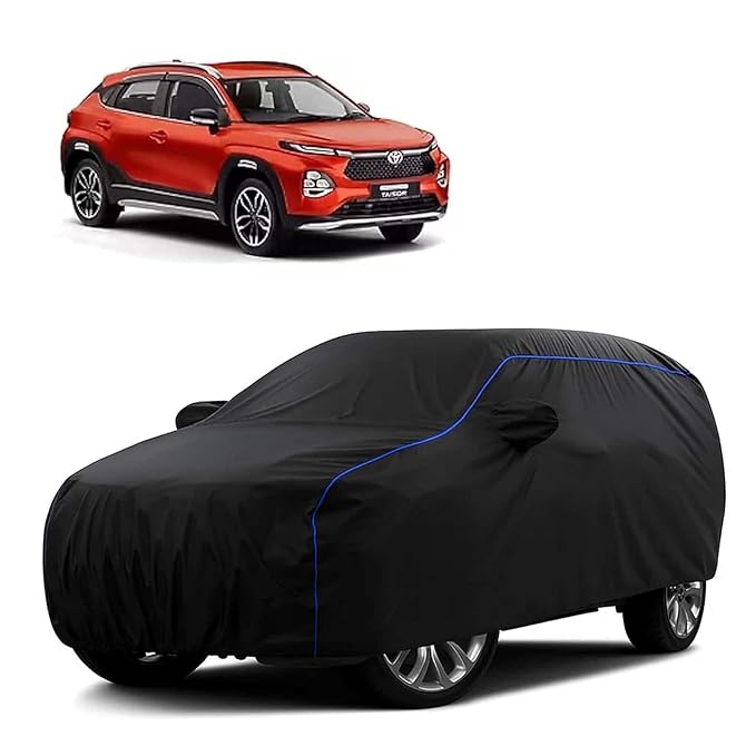 Sulfar 100% Water Resistant Car Body Cover Compatible with Mirror for Toyota Urban Cruiser Tiasor(Breeza) (Triple Stitched, Full Bottom Elastic, Black Tafetta with Blue Piping)