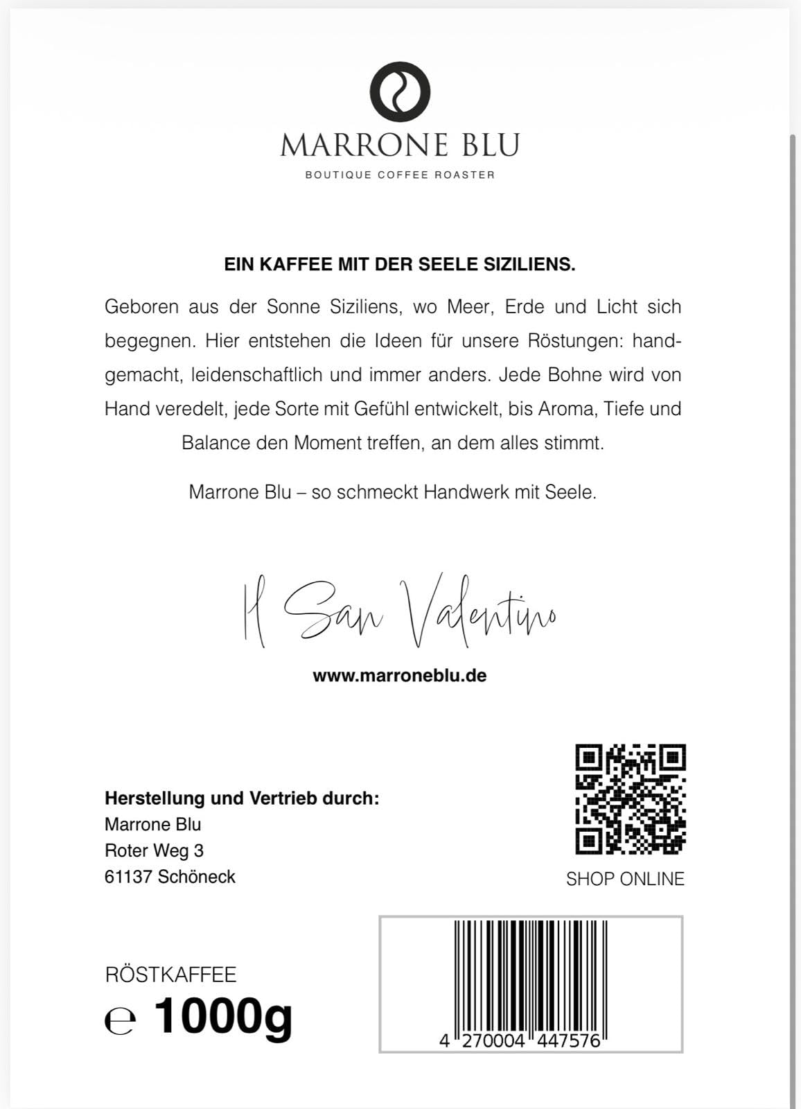 MARRONE BLU ESPRESSO AUS 50% ROBUSTA (CANEPHORA) 50% ARABICA (1000g, PALERMO)