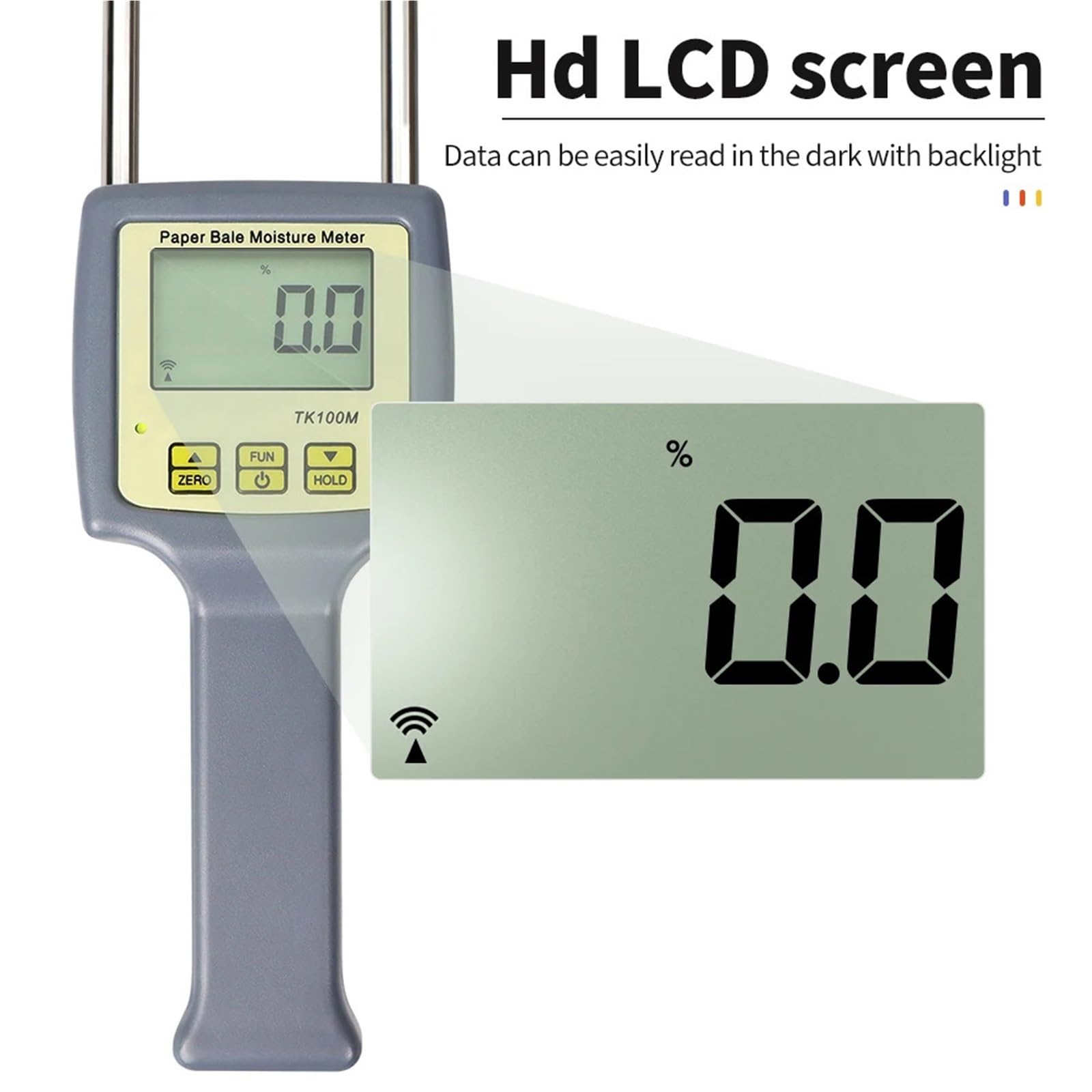 Medidor de humedad digital portátil for papel, grano, café, algodón y tabaco, con doble aguja y retroiluminación.(TK100M)