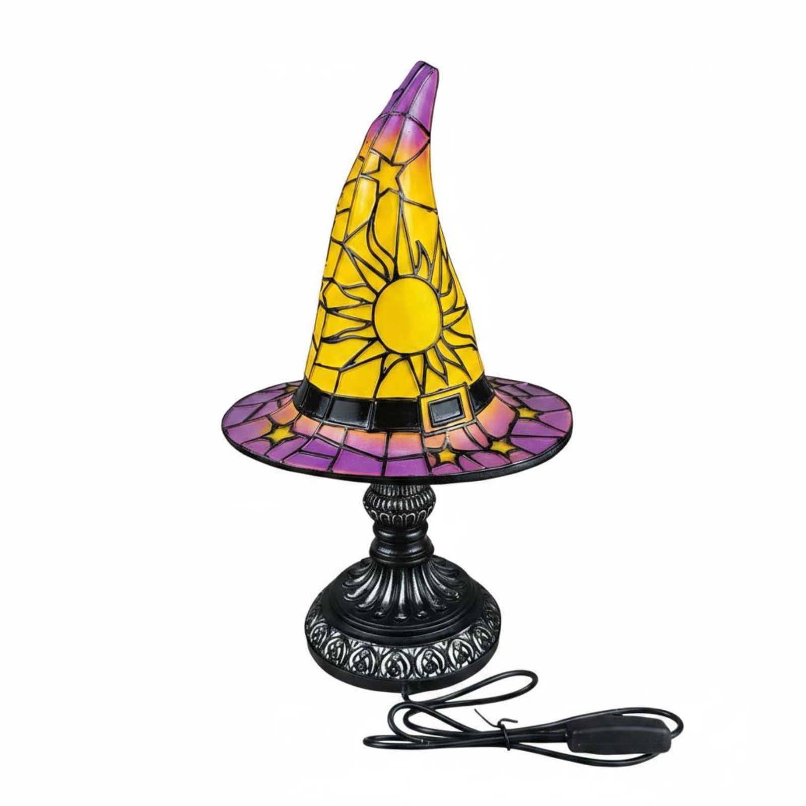 USB Powered Stained Glass Witch Hat Lamp Colorful Spooky Lamp Decorative Halloween Night Light Warm Radiance for Tabletop, Purple, Rechargeable-Plug-in-image-26