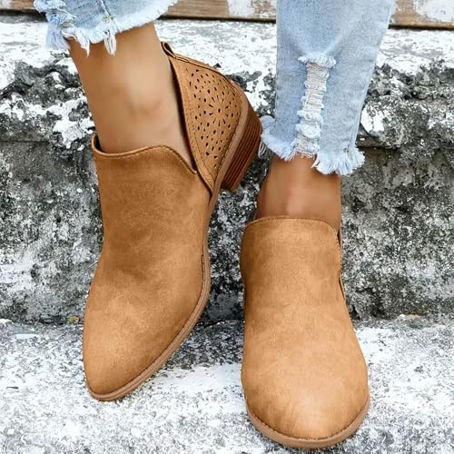 Ankle Boots for Women Low Heel,Casual Cut Out Slip On Short Boot Chunky Stacked Heel Perforated Side V Cut Western Booties Cutout Breathable Casual Shoes for Women3