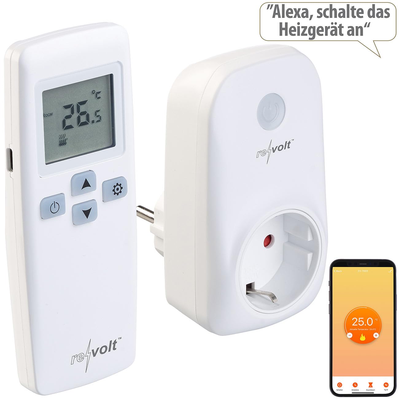 revolt Funkthermostat: WLAN-Steckdosen-Thermostat mit Sensor-Fernbedienung, App, Sprachbefehl (Funk-Thermostat Steckdose, 230V, Infrarotheizung)