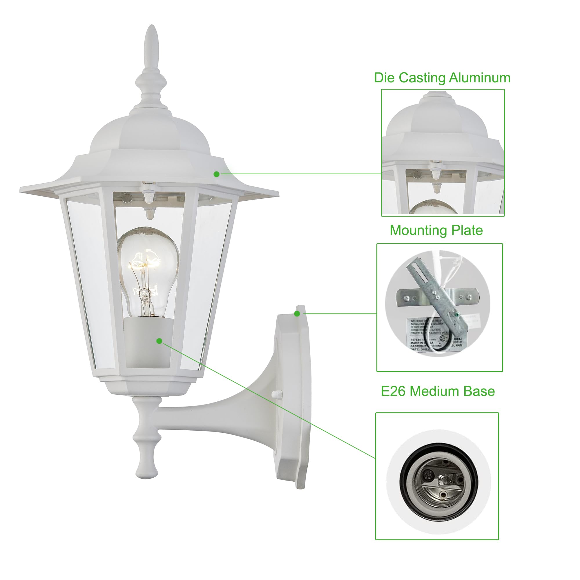 WISBEAM Lanterna da parete per esterni, applique da parete come lampada da portico, base E26 60W Max, alloggiamento in metallo più vetro, posizione bagnata, certificazione ETL, lampadine non incluse