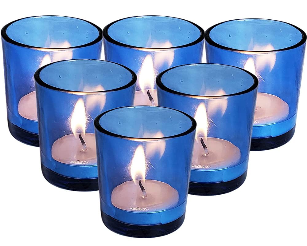 Pure Source India Set of 6 Glass Votive Tealight Candle Holders - Living Room Side Table Home Decoration (Glass, Pack of 6, Blue)