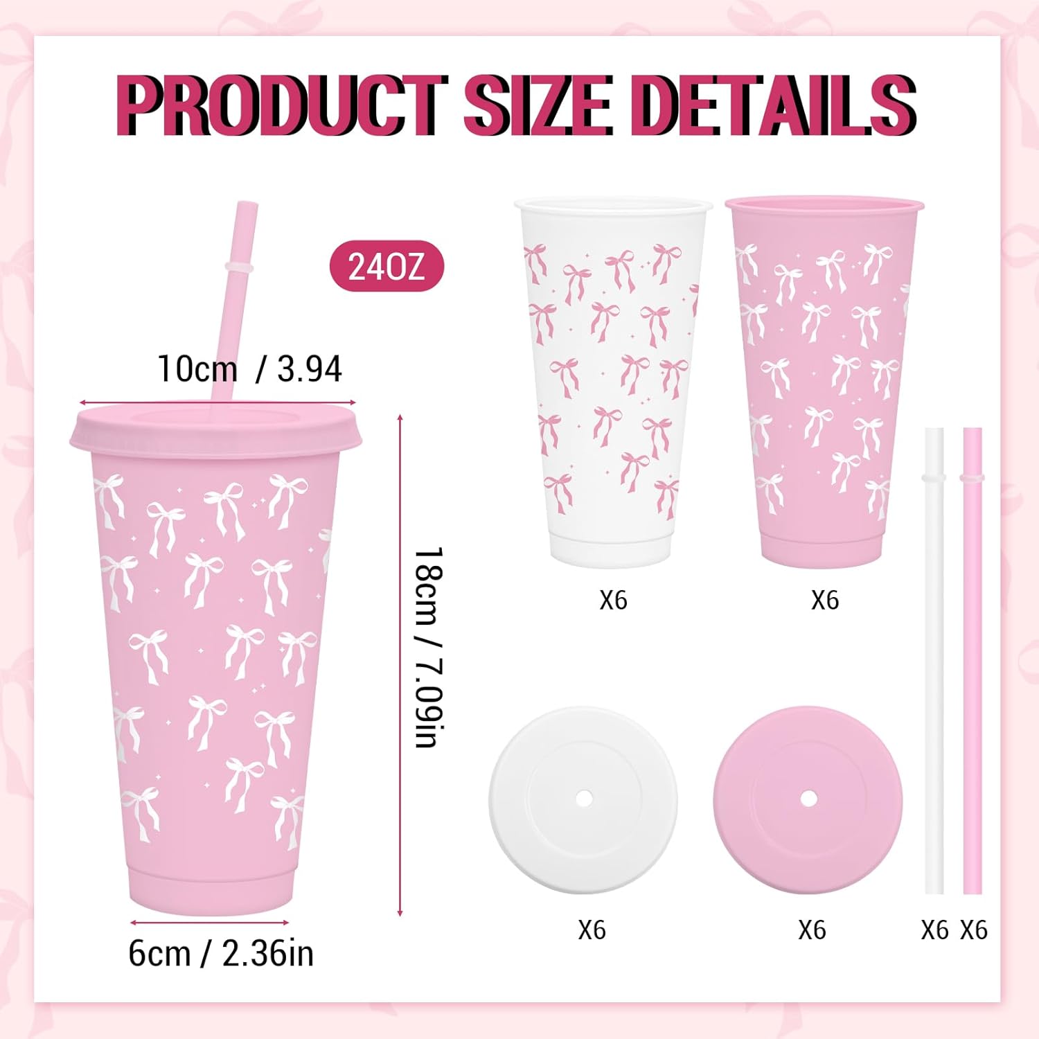 12 Pcs Pink Plastic Cups, 24 oz Pink Bow Cups with Straws and Lids for Wedding Baby Shower Birthday Party Decorations Favors Home Office Party Supplies