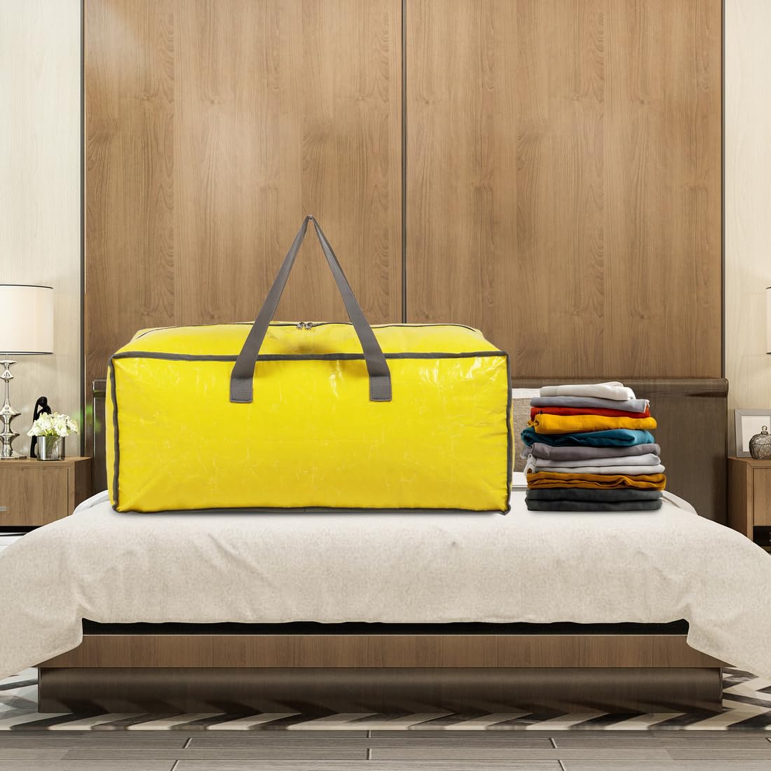 Double R Bags Polypropylene Woven Large Storage Bag with Handle for Clothes, Blankets & Quilts | Transparent, Yellow, 73.6x30.4x30.4cm | 1 Compartment | Foldable Multipurpose Organizer (Pack of 1) 4