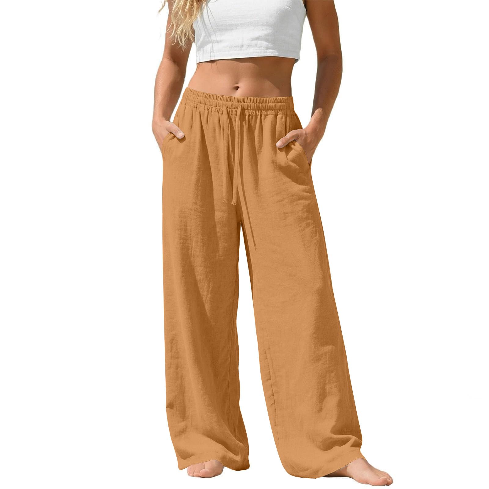 Linen Pants Women Summer Baggy Wide Leg Flowy Pants Drawstring High Waistes Slacks Loose Comfy Beach Travel Trousers — view 12