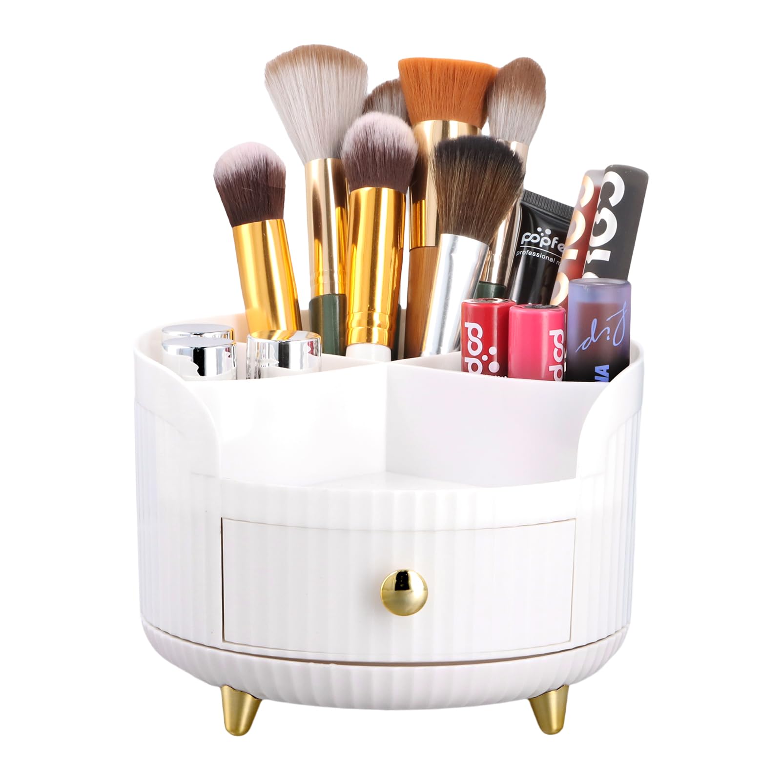 Ziyonix White 360°Rotating Makeup Organiser, Makeup Brush Holder With 4 Compartments And Small Drawer Stationary Desk Organiser Pen Holder For Vanity Cosmetics Bathroom