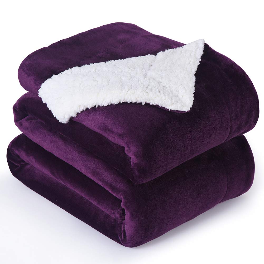 NANPIPER Bed Blanket Reversible Sherpa Flannel Blanket Super Soft Fuzzy Lightweight Fleece Microfiber (90"x90" Purple) Queen