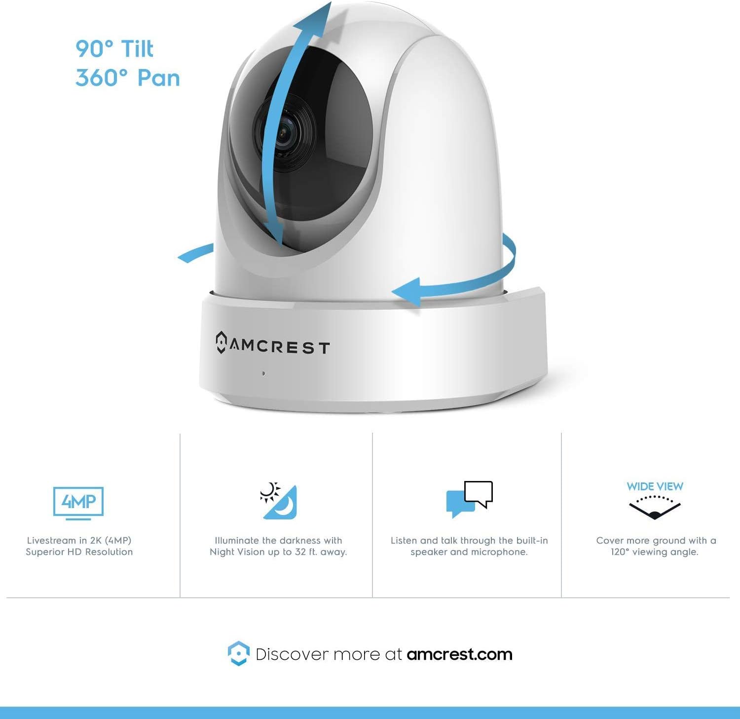 Amcrest 4MP UltraHD Indoor WiFi Camera, Security IP Camera with Pan/Tilt, Two-Way Audio, Night Vision, Remote Viewing, Dual-Band 5ghz/2.4ghz, 4-Megapixel @~20FPS, Wide 120° FOV. IP4M-1051W (White)