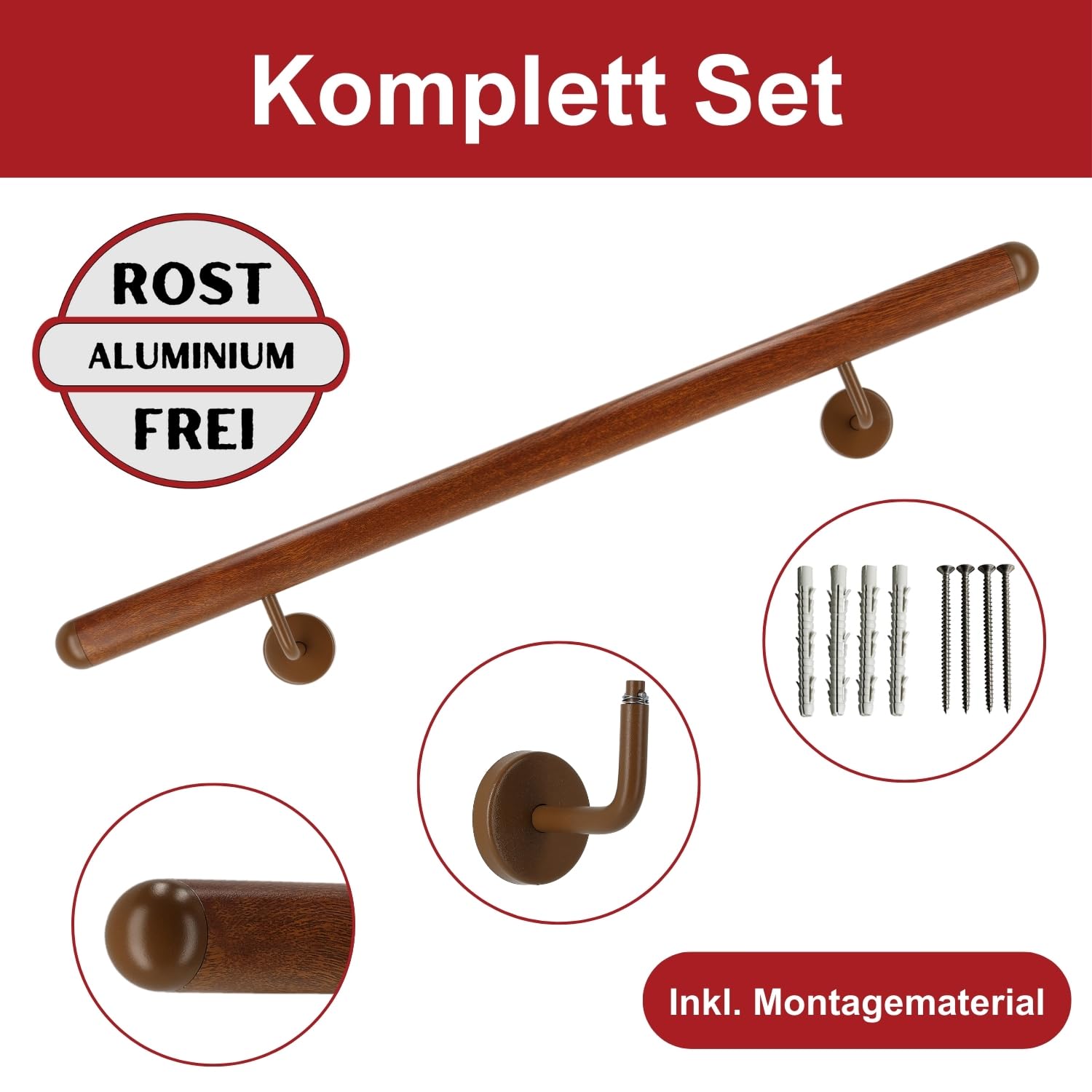 TIBU Handlauf Aluminium Mahagoni Holz Dekor 30-600cm Wandhandlauf Treppe gewinkelte Edelstahlhalter, Länge 60 cm mit 2 Halter und halbrunde Kappe