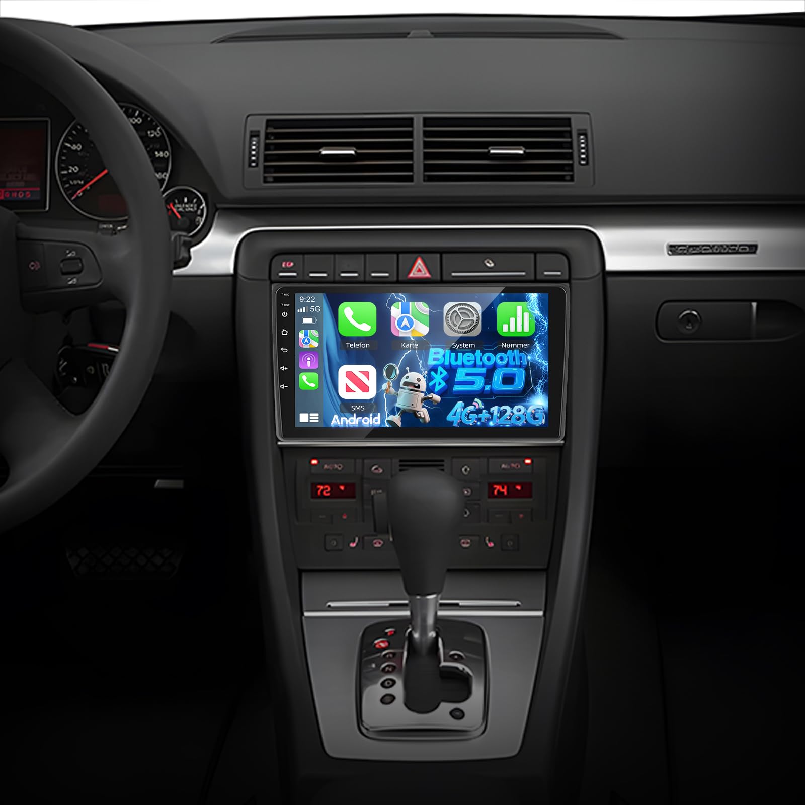[4+128G] for Audi A4 S4 RS4 2002-2008 Android Radio: NHOPEEW 9 inch Incell Touchscreen Stereo - Wireless Carplay and Android Auto, 5G/WiFi, GPS, BT 5.0 + Rearview Camera + Upgrade Canbus&Harness