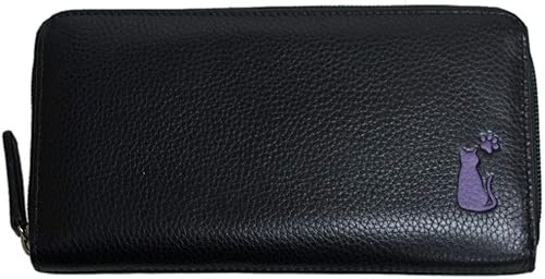 Amazon 猫柄 型押し 財布 本革 牛革 長財布 ロング ラウンドファスナー ネコ ねこ 3706 ブラック バッグ スーツケース